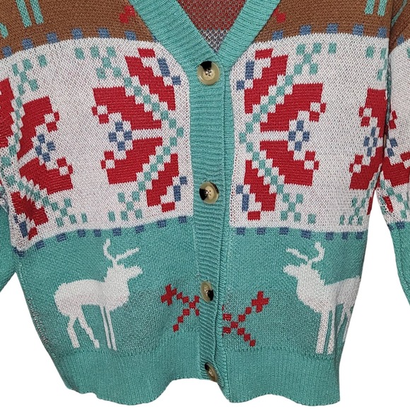 Ugly Christmas Knit Sweater M Retro Cardigan Reindeer Snowflake Cozy Winter Art - Picture 6 of 7